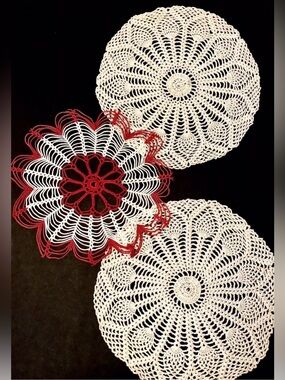 Hand Crocheted Eggshell And Ivory With Red Round Doilies Set of 3 Vintage 1960's